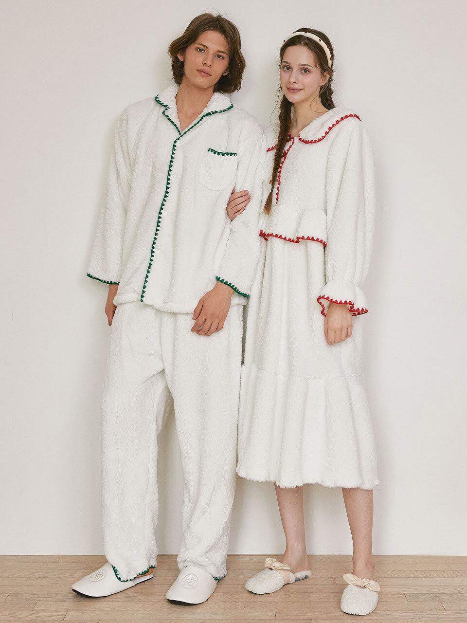 LUNALUZ STUDIO Couple Boa Ultra-Microfiber Long Sleeve Pajamas [Beige]
