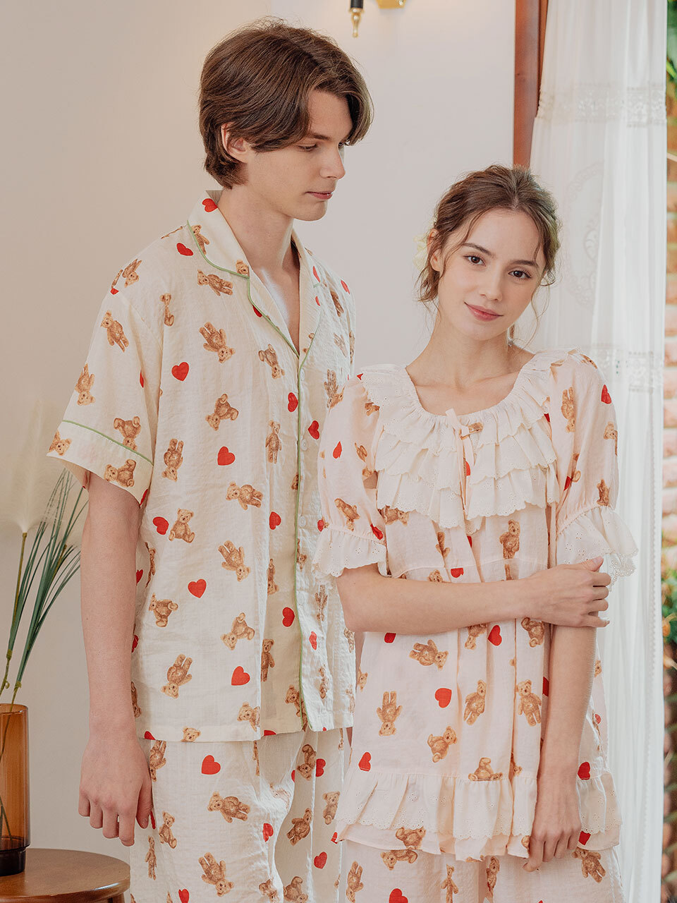 LUNALUZ STUDIO Couple Heart Bear Rayon Cotton Pajama Set