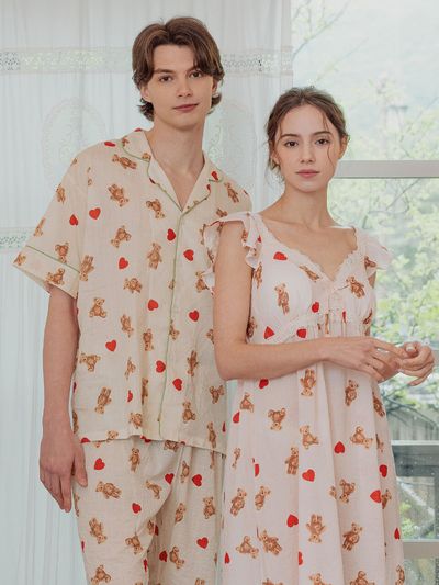 LUNALUZ STUDIO Couple Heart Bear Sleeveless Dress Pajama Set