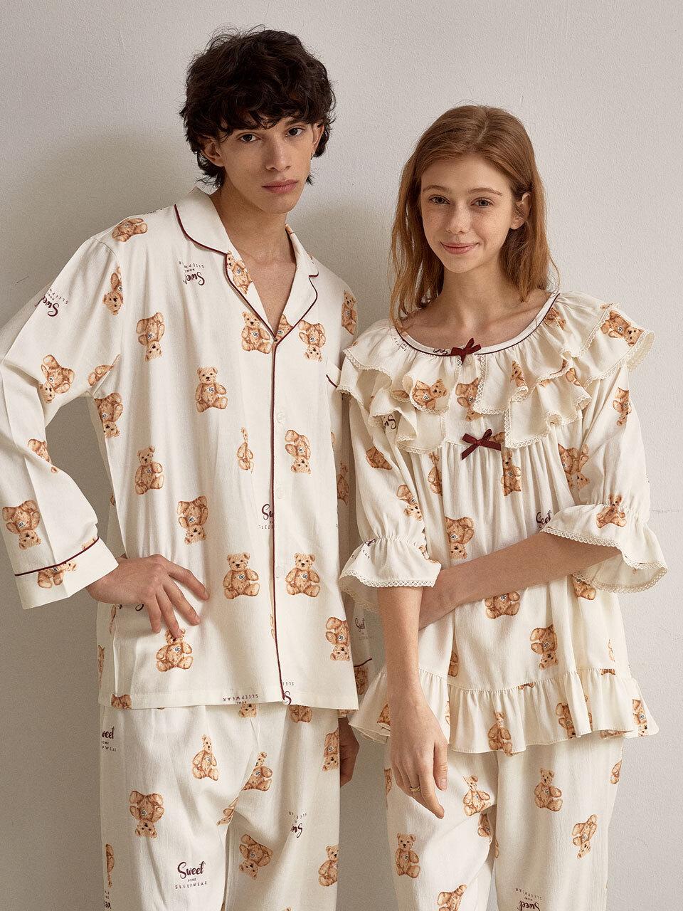 LUNALUZ STUDIO Couple Round Neck 3/4 Sleeve Two-Piece Pajamas