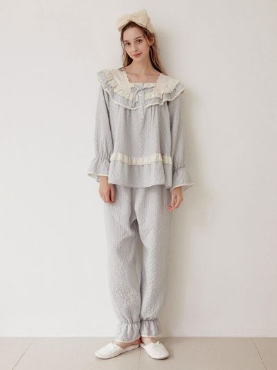 LUNALUZ STUDIO Double Gauze Square Neck Long Sleeve Two-Piece Pajama Set [Noir]