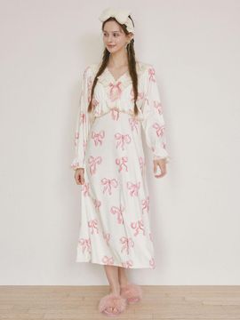 LUNALUZ STUDIO Fur Ribbon Built-in Cup Long Sleeve Sleepwear