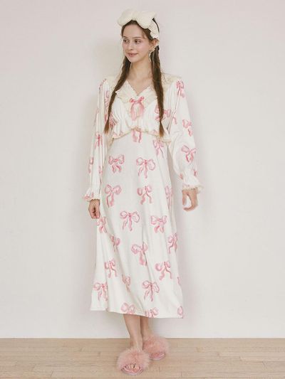 LUNALUZ STUDIO Fur Ribbon Built-in Cup Long Sleeve Sleepwear