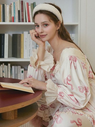 LUNALUZ STUDIO Fur Ribbon Square Neck Long Sleeve Two-Piece Pajama Set [Ivory]