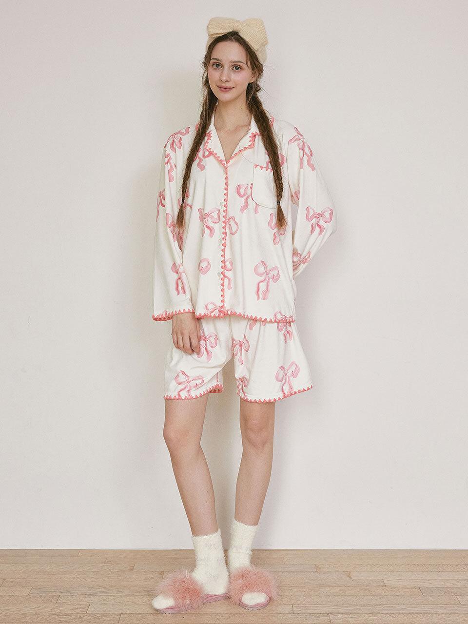 LUNALUZ STUDIO Fur Ribbon Stretch Long Sleeve Collar Pajama Set