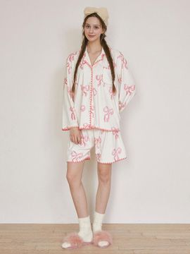 LUNALUZ STUDIO Fur Ribbon Stretch Long Sleeve Collar Pajama Set