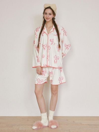 LUNALUZ STUDIO Fur Ribbon Stretch Long Sleeve Collar Pajama Set