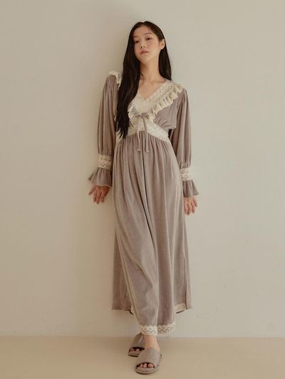 LUNALUZ STUDIO Granada Fur Span V-Neck Long Sleeve Sleepwear