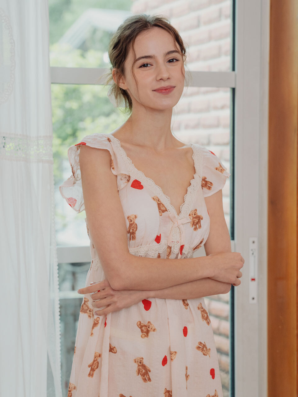 LUNALUZ STUDIO Heart Bear Rayon Cotton Sleeveless Pajama Dress