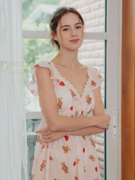 LUNALUZ STUDIO Heart Bear Rayon Cotton Sleeveless Pajama Dress