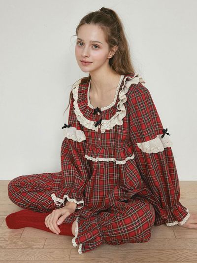 LUNALUZ STUDIO Holly Check Cotton Long Sleeve Round Neck Two-Piece Pajama Set [Red]