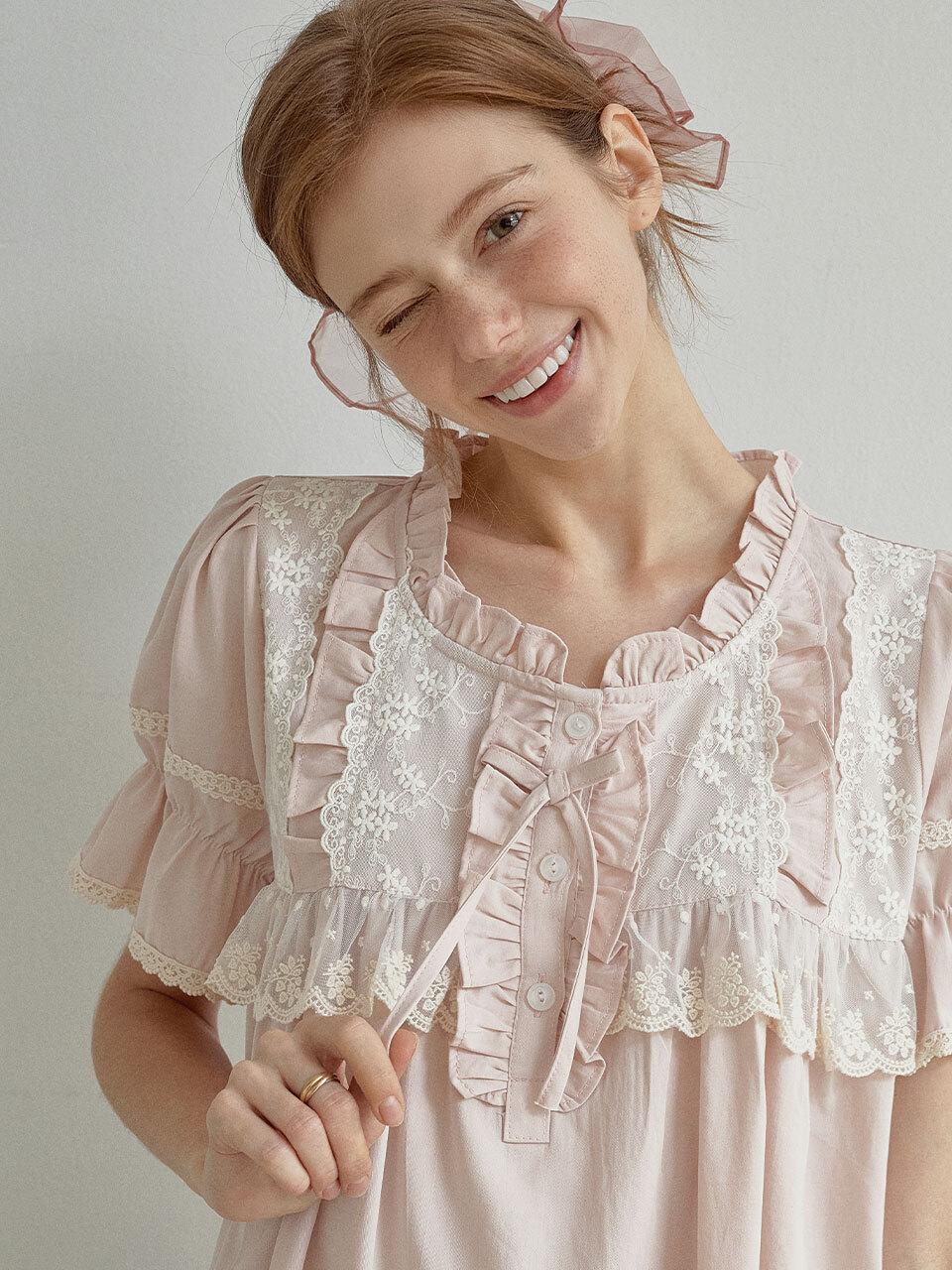 LUNALUZ STUDIO Jeanne Cotton Round Nek Short Sleeve Nightgown
