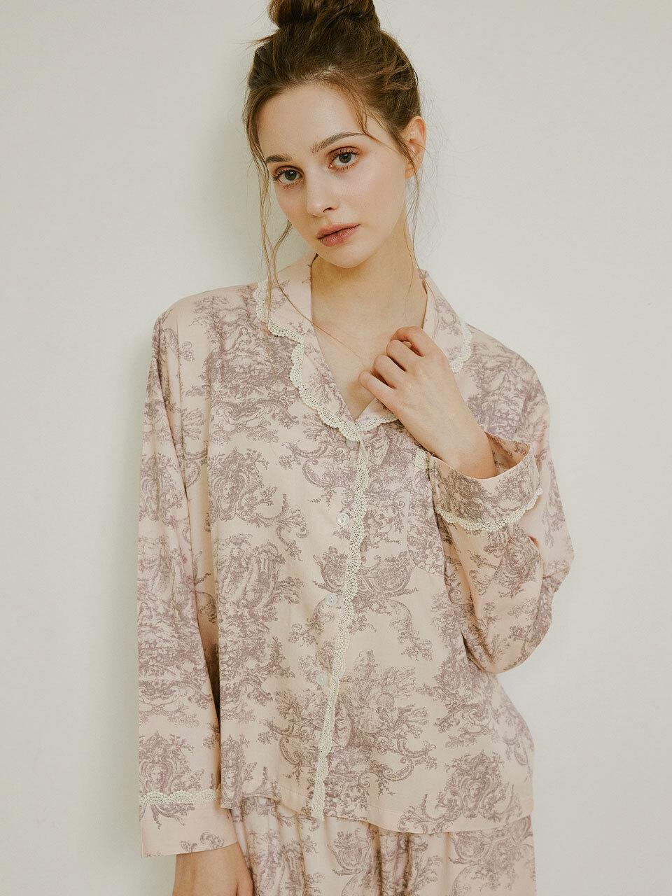 LUNALUZ STUDIO Modal Cotton Lace Collar Long Sleeve Two-Piece Pajama Set