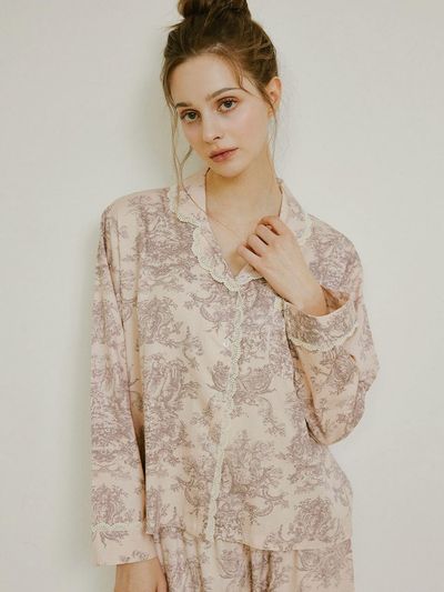 LUNALUZ STUDIO Modal Cotton Lace Collar Long Sleeve Two-Piece Pajama Set