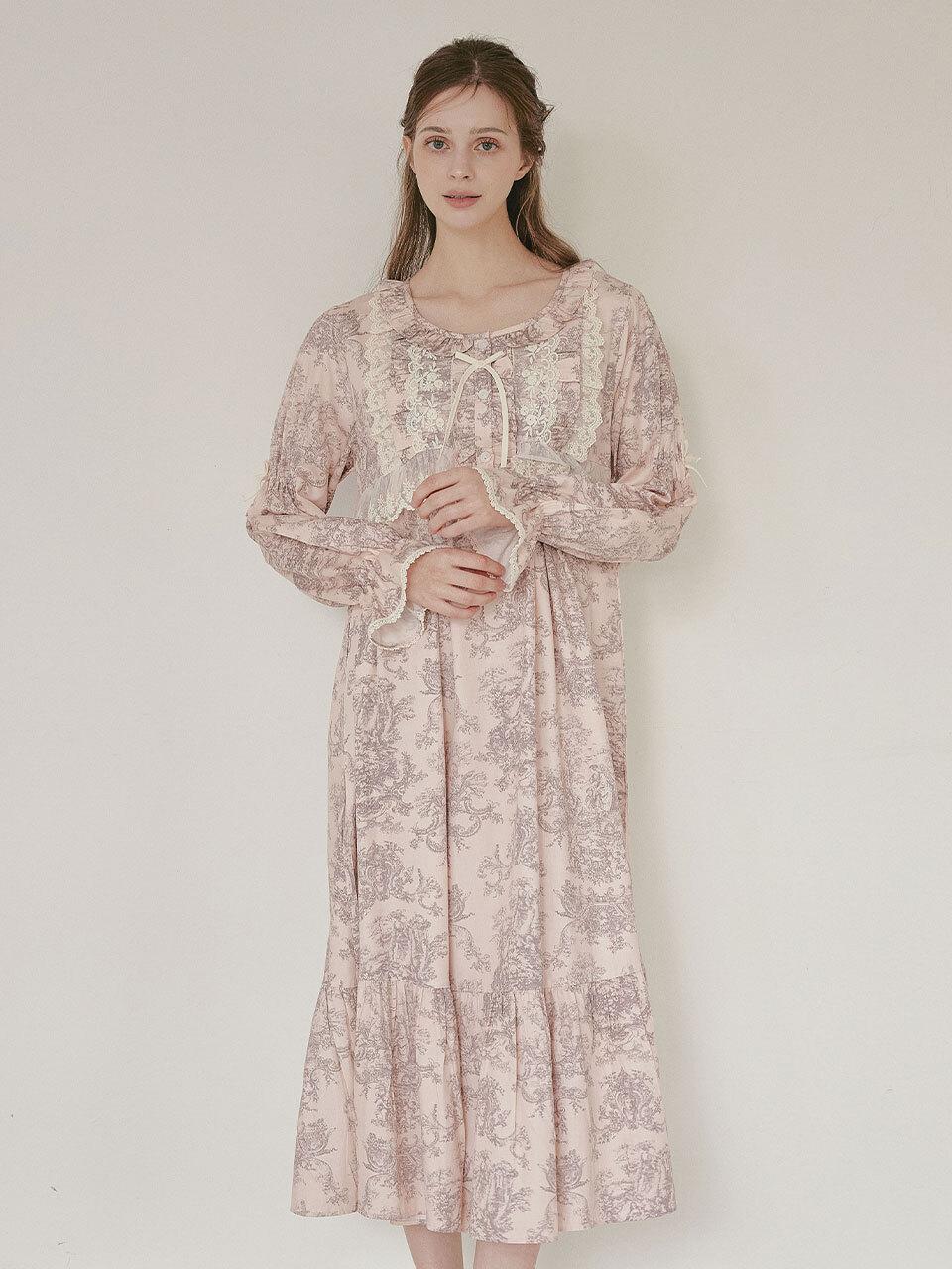 LUNALUZ STUDIO Modal Cotton Long Sleeve Round Neck Versailles Nightgown [Pink]