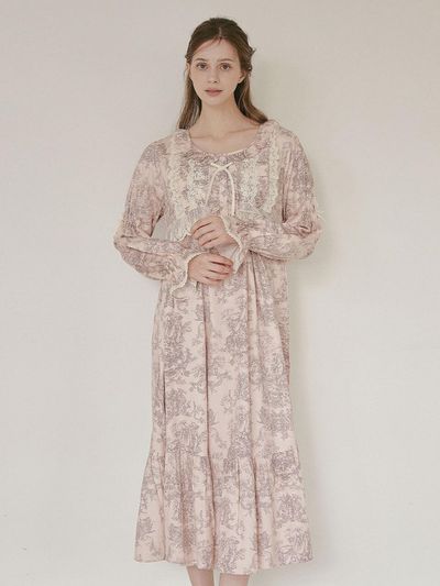 LUNALUZ STUDIO Modal Cotton Long Sleeve Round Neck Versailles Nightgown [Pink]