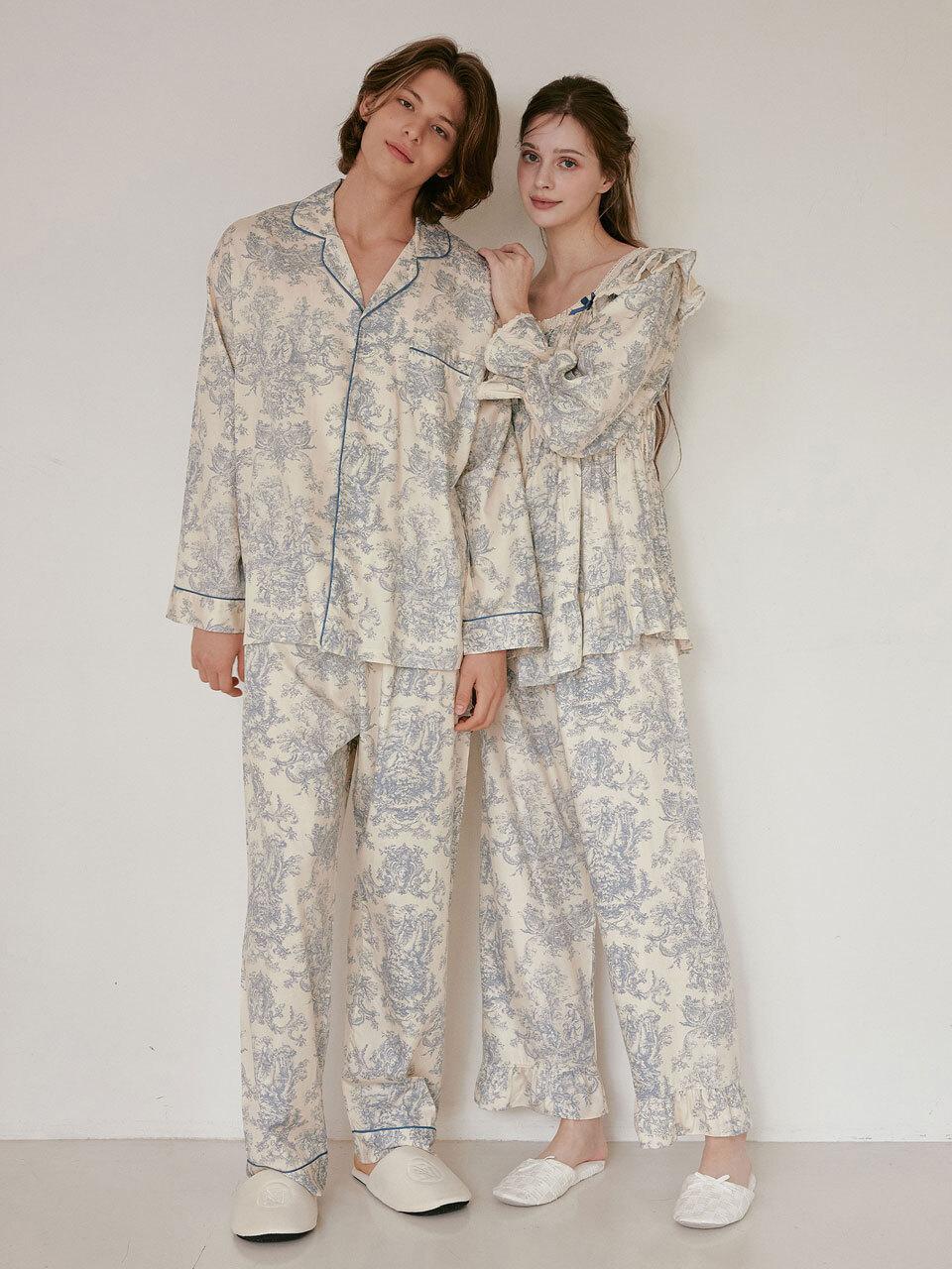 LUNALUZ STUDIO Modal Cotton Square Neck Long Sleeve Couple Pajama Set [Blue]