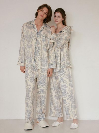 LUNALUZ STUDIO Modal Cotton Square Neck Long Sleeve Couple Pajama Set [Blue]