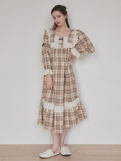 LUNALUZ STUDIO Nova Check Cotton Long Sleeve Frilled Square Neck Nightgown