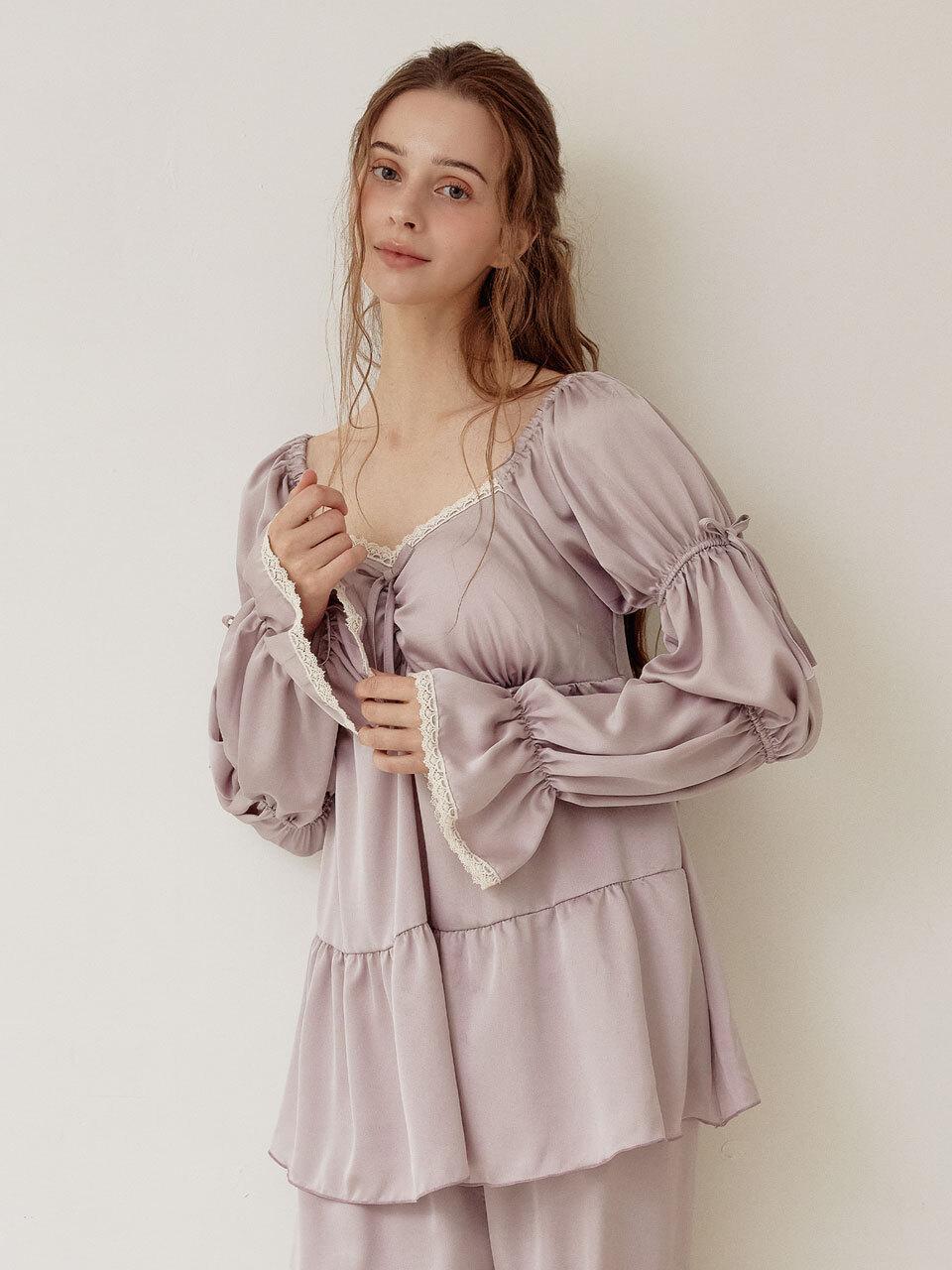 LUNALUZ STUDIO Satin Long Sleeve Built-in Bra Two-Piece Pajama Set [Lavender]