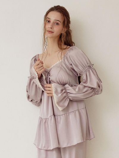 LUNALUZ STUDIO Satin Long Sleeve Built-in Bra Two-Piece Pajama Set [Lavender]