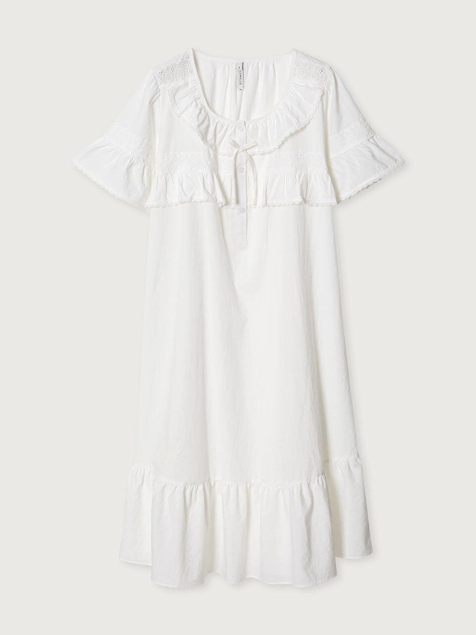 LUNALUZ STUDIO Sunny Hill Crease Cotton Short-Sleeve One-Piece Pajama Dress