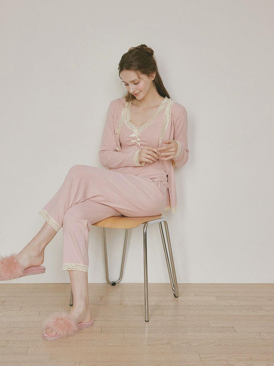 LUNALUZ STUDIO V-neck Stretch Cotton Lace 3-piece Homewear Set