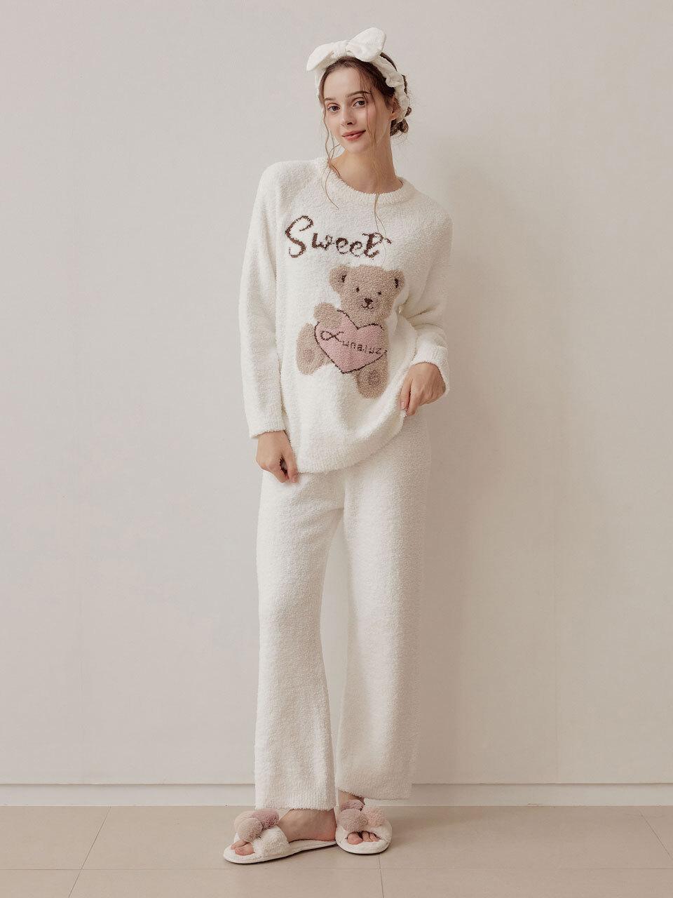 LUNALUZ STUDIO Women's Awesome Bear Knit Long-Sleeved Two-Piece P