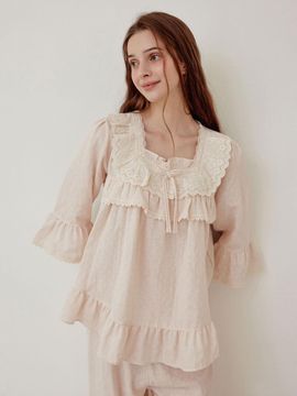 LUNALUZ STUDIO Women's cotton gauze 3/4 sleeved square neck sleep