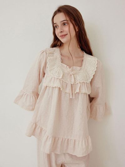 LUNALUZ STUDIO Women's cotton gauze 3/4 sleeved square neck sleep