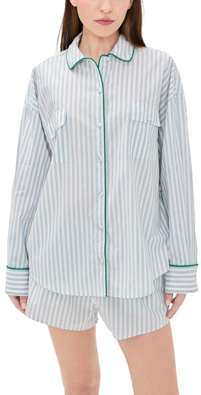 Lunya Lunya Airy Cotton Piped Button Down Pajama Top Stillwater Stripe/Spring
