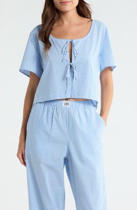 Lunya Lunya Gingham Tie Front Cotton Sleep Top