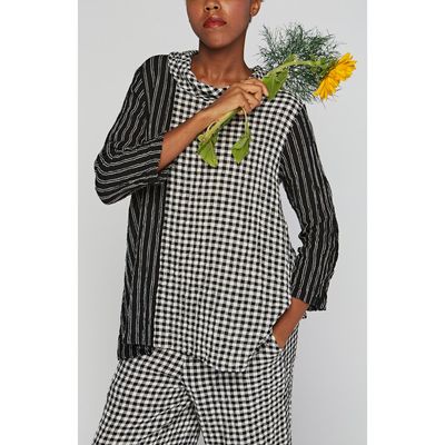LUUKAA LUUKAA Illustra Checkered And Striped Blended, Gauze Linen Blouse