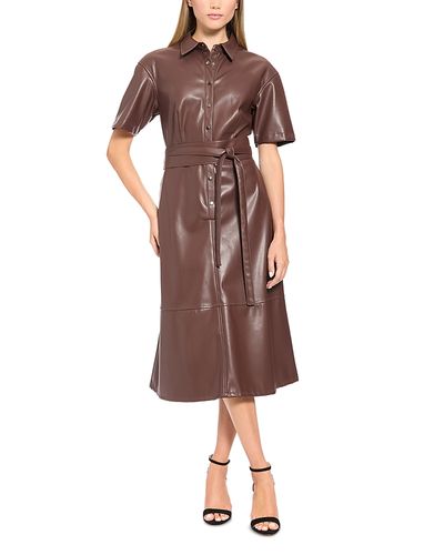 Luxely Short Sleeve Faux Leather Belted Midi Dress