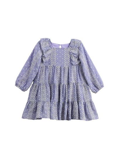 Mabel + Honey Mabel + Honey Lavender Lane Long Sleeve Embroidered Ruffle Trim Tiered Dress