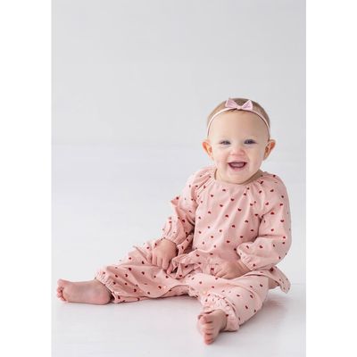 Mabel + Honey Mabel + Honey Love me Lots Long Sleeve Heart Print Ruffle Waist Romper