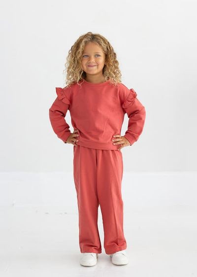Mabel + Honey Mabel + Honey Red Rosie Long Sleeve Solid Ruffle Trim Cropped Sweater 