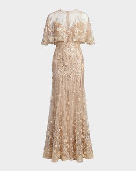 Mac Duggal Beaded Chiffon Lace Cape Trumpet Gown