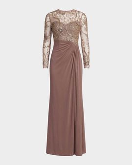 Mac Duggal Beaded Embroidered Mesh & Jersey Gown