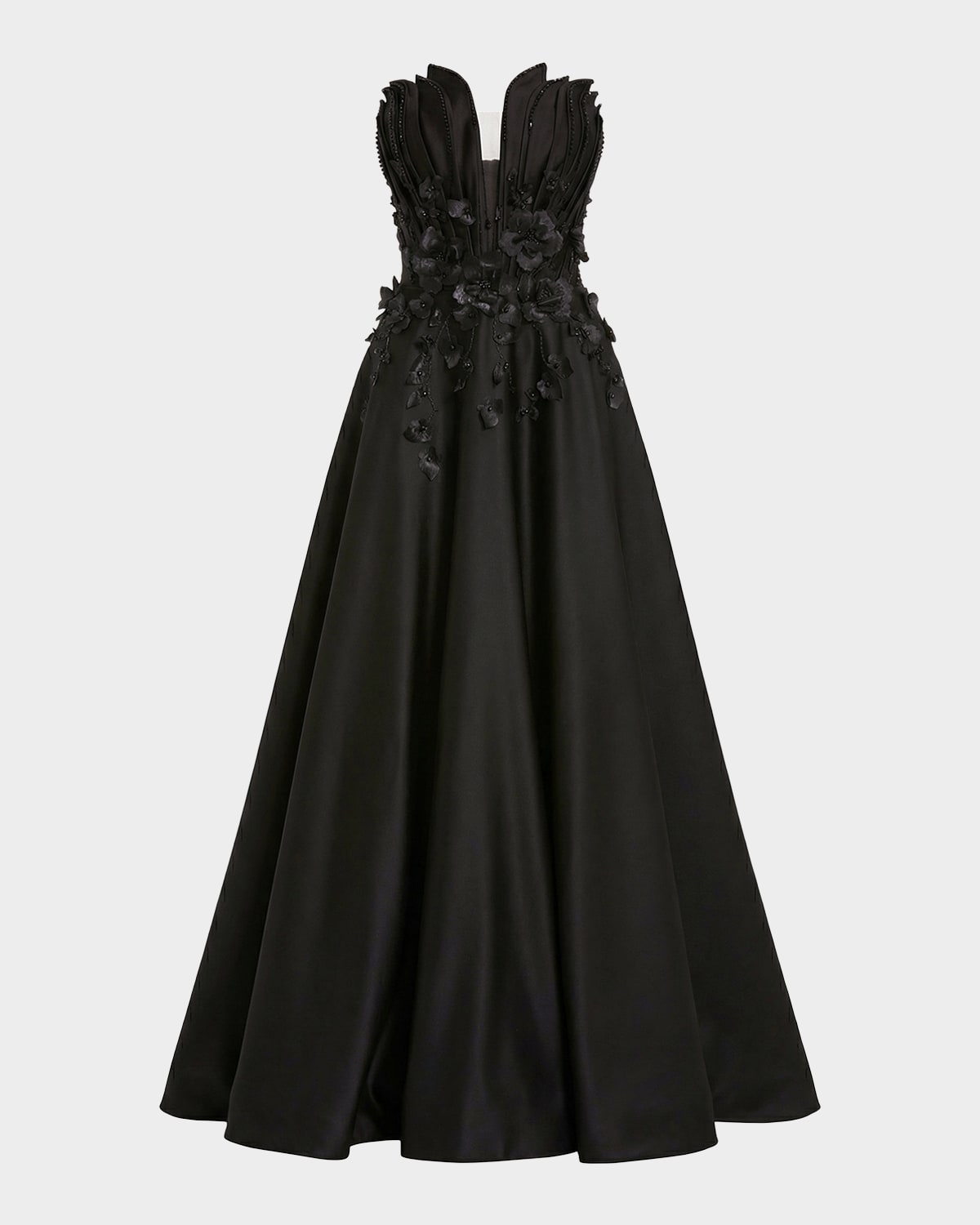 Mac Duggal Beaded Floral-Appliqued Charmeuse Strapless Gown