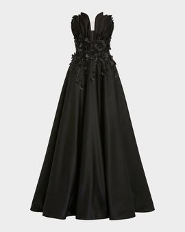 Mac Duggal Beaded Floral-Appliqued Charmeuse Strapless Gown