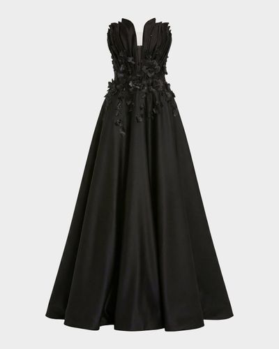 Mac Duggal Beaded Floral-Appliqued Charmeuse Strapless Gown