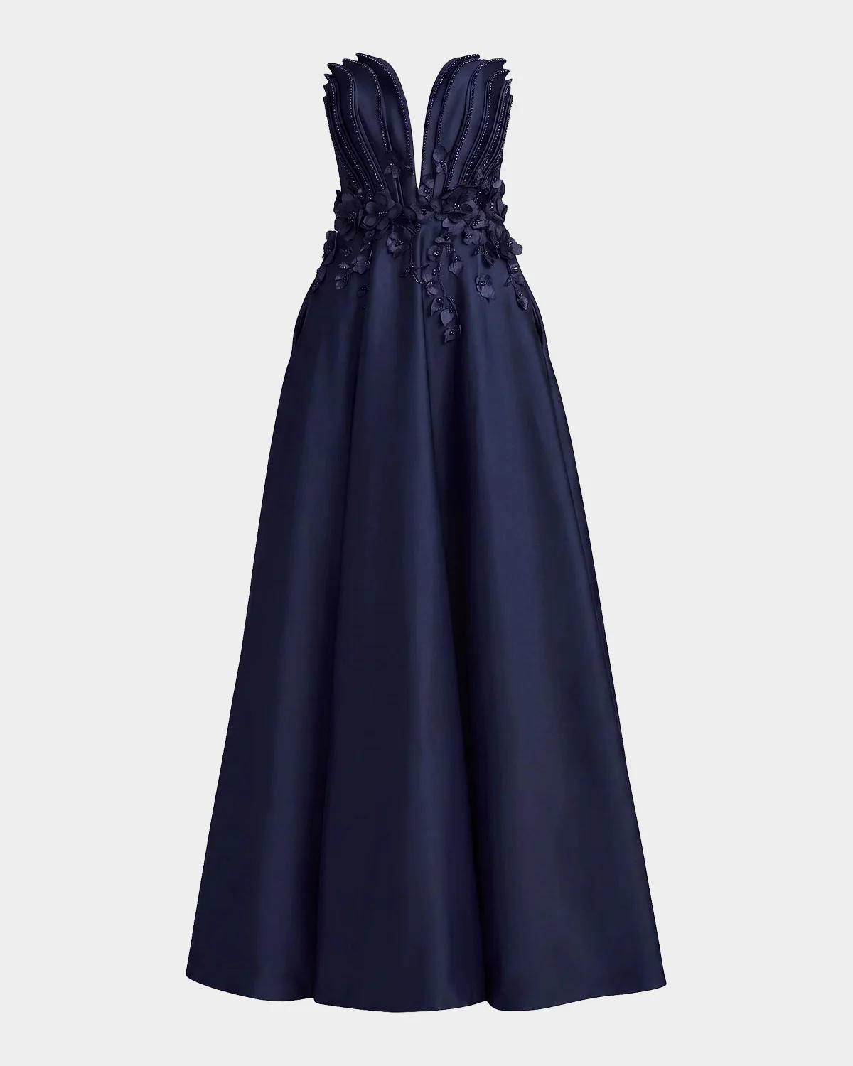 Mac Duggal Beaded Floral Charmeuse Gown