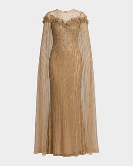 Mac Duggal Beaded Illusion Cape Gown
