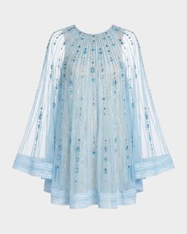 Mac Duggal Beaded Lace Cape-Sleeve Mini Dress