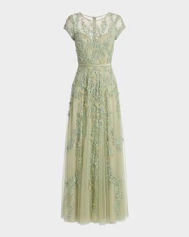Mac Duggal Beaded Mesh Cap-Sleeve Gown