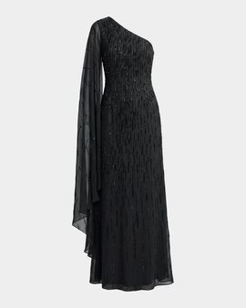 Mac Duggal Beaded Mesh One-Sleeve Column Gown