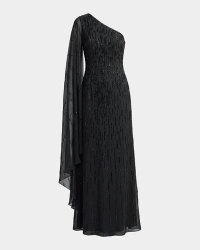 Mac Duggal Beaded Mesh One-Sleeve Column Gown