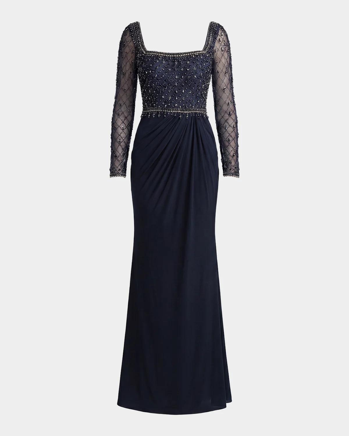Mac Duggal Beaded Square-Neck Jersey Column Gown