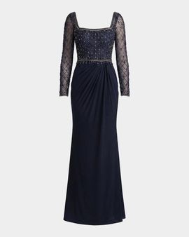 Mac Duggal Beaded Square-Neck Jersey Column Gown